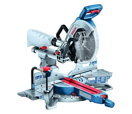BOSCH PROFACTOR 18V 10” Dual-Bevel Slide Miter Saw with a blue and silver design, equipped with a red laser guide