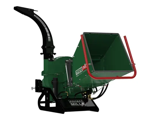 Green and black Woodland Mills TF810 PRO PTO Wood Chipper with red trim