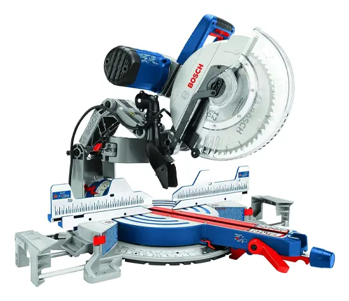 Ryobi 12” Sliding Compound Milter Saw with blue and red accents on a white background
