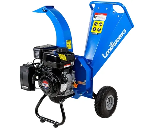 Landworks Mini Wood Chipper and Mulcher in blue with a black engine and wheels