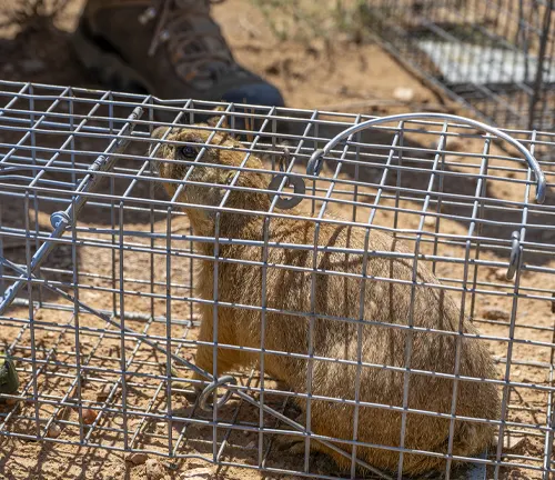 Brown prairie dog sitting in a wire cage on dry ground