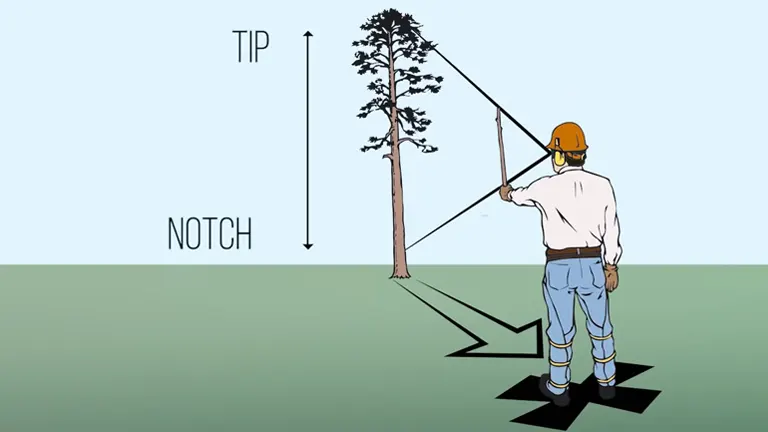 Illustrated person in protective gear using a chainsaw to fell a labeled tree