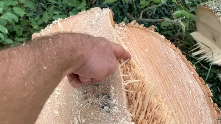 Hand pointing at a cut-down tree trunk, demonstrating safe tree felling