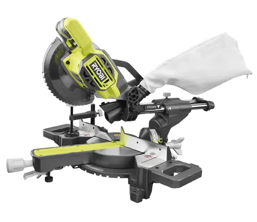Ryobi PBT01B ONE+ 18V 7-1/4” Sliding Compound Miter Saw on a wooden workbench with a wooden background
