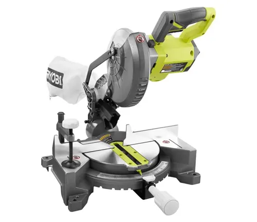 Green and gray Ryobi P553 18V ONE+ 7-1/4” Compound Miter Saw with a black handle and gray blade guard