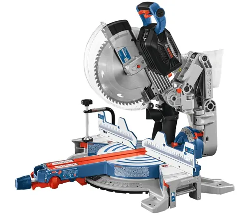 BOSCH PROFACTOR 18V 12" Dual-Bevel Glide Miter Saw with a blue and grey design, equipped with a large circular blade
