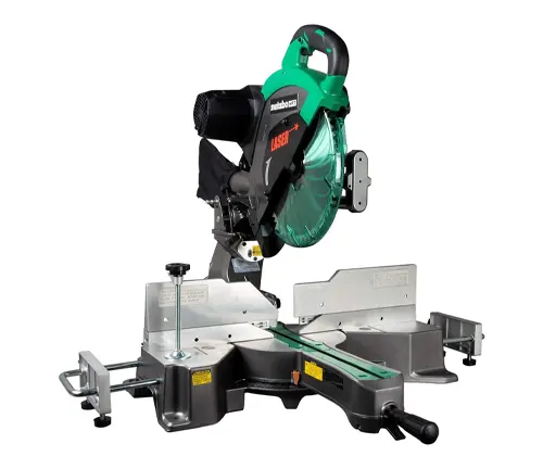 Green and black Metabo HPT C12RSH2S 12” Dual-Bevel Sliding Compound Miter Saw with Laser Marker on a white background