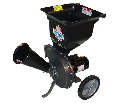 Patriot 1.5 HP electric wood chipper and leaf shredder with black funnel and wheels