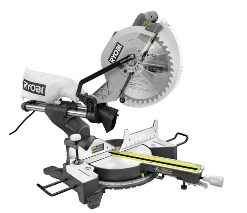 Ryobi 12” Sliding Compound Milter Saw with white and green accents on a white background