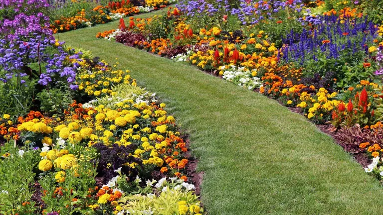 A vibrant garden with a variety of colorful, pollinator-friendly flowers and a meandering grass pathway