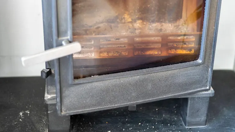 Close-up of a wood stove with a burning fire inside