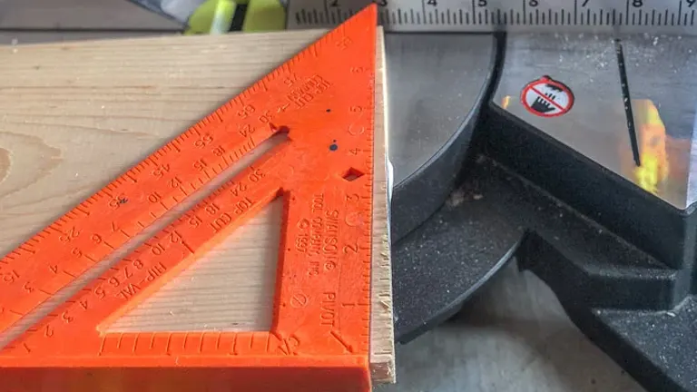 Side-by-side images of orange square on wood and miter saw on black surface for accurate cutting tips