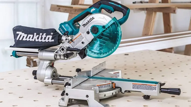 Makita 36V LXT Brushless 7-1/2" Dual Slide Compound Miter Saw on a workbench
