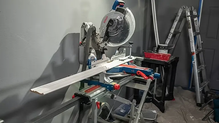 Bosch GCM18V-12GDCN PROFACTOR 18V 12" Dual-Bevel Glide Miter Saw set up in a workshop, with a piece of trim ready to be cut