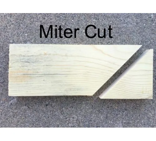 Two pieces of wood demonstrating a miter cut on a grey surface