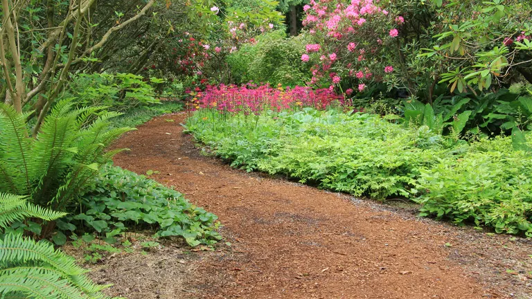 a serene garden with a winding pathway made of brown soil, surrounded by various types of plants including ferns, flowering shrubs, and ground cover plants