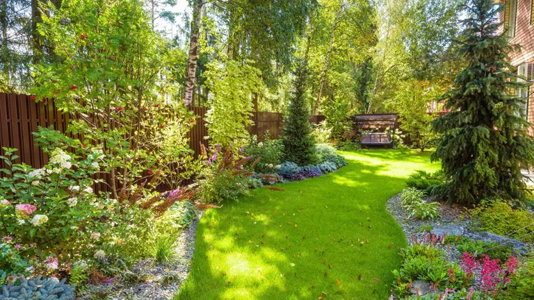 A lush garden with a variety of evergreen trees providing privacy around a well-maintained lawn