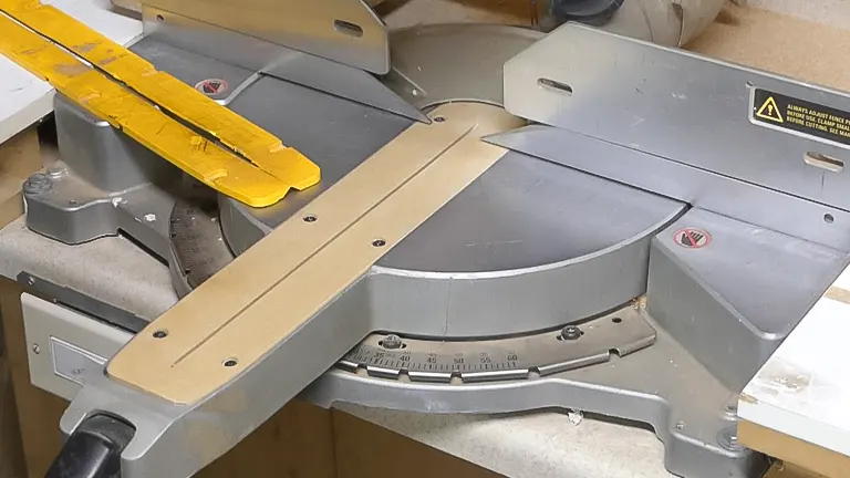 Miter saw with yellow guide and wooden board, ready for accurate cuts