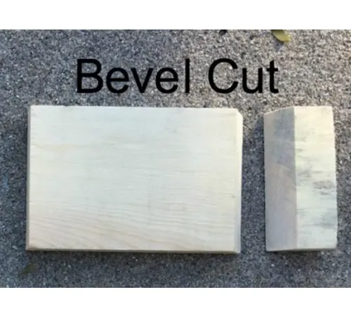two pieces of wood on a textured surface, with the right piece demonstrating a bevel cut