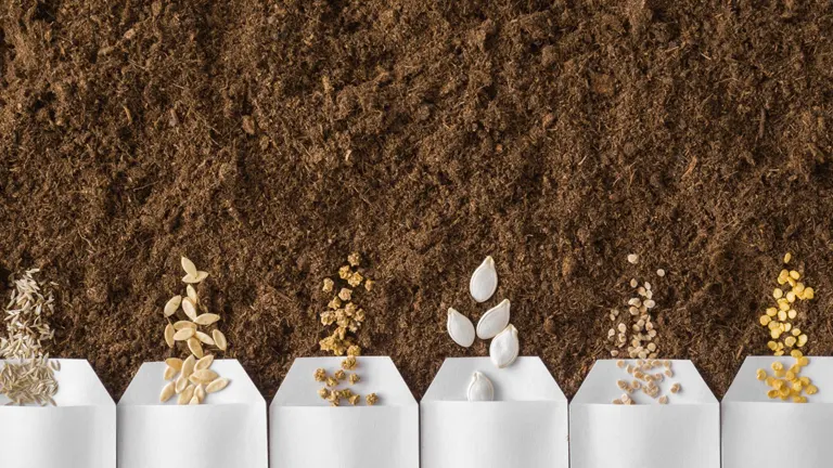 Diverse seeds displayed on white pedestals against a soil background, symbolizing different climate zones for planting