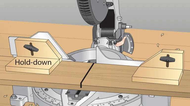 Illustration of miter saw with hold-downs cutting a workpiece