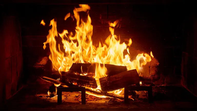 Close-up of a fireplace with burning wood
