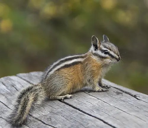 Least Chipmunk sitting on a wooden surface with a blurred green background