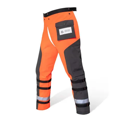 Orange and black chainsaw safety chaps with reflective stripes