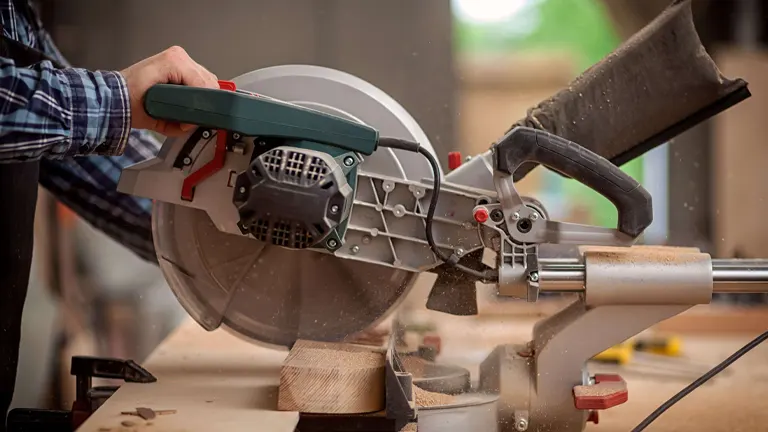 Person using a miter saw to cut wood in a workshop