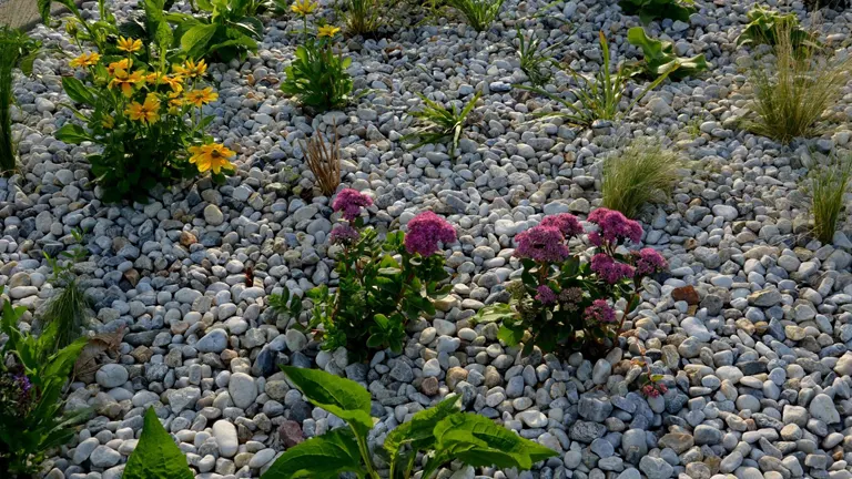  a garden bed with various plants emerging from a layer of grey pebble mulch