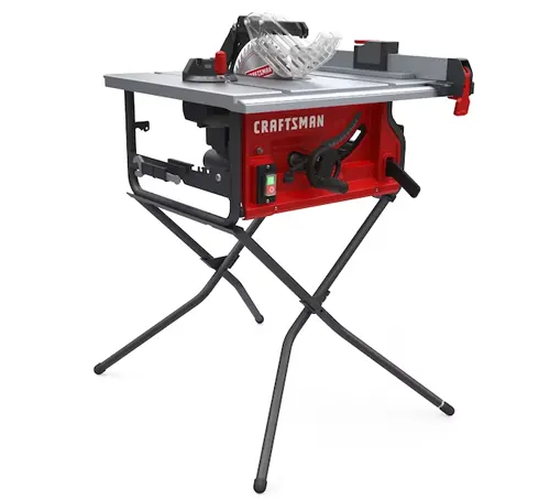 Red and black Craftsman 10-inch portable table saw mounted on a black X-shaped stand