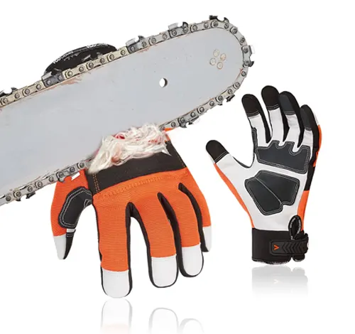 Pair of orange and black gloves next to a chainsaw blade