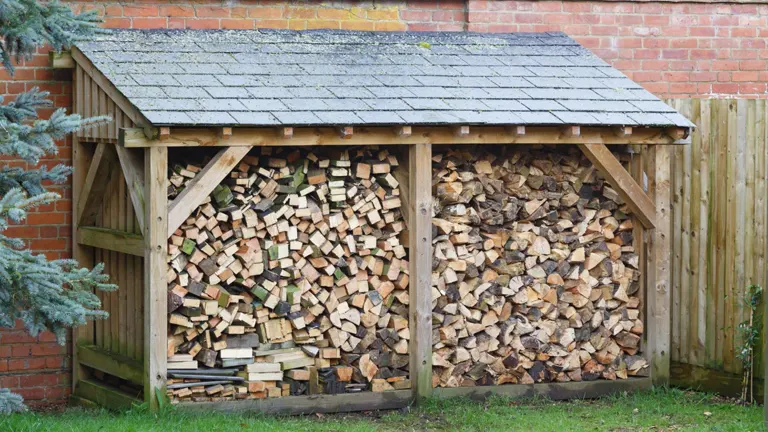 Wooden shed filled with neatly stacked firewood in a backyard