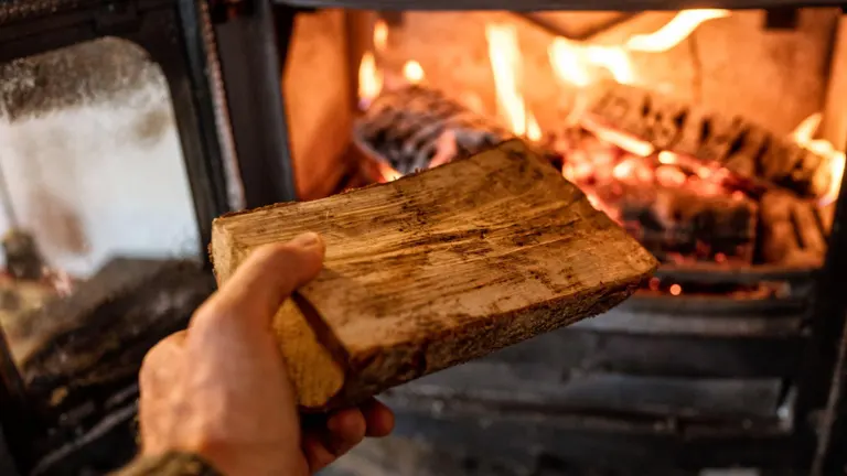 Hand holding a piece of traditional firewood in front of a burning fireplace