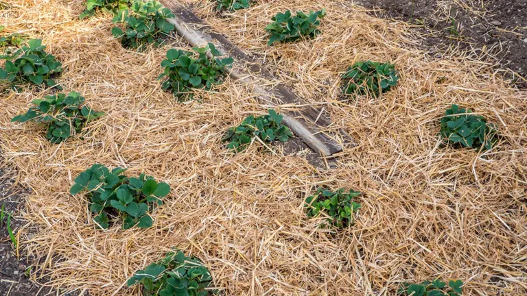 young plants growing through straw mulch in a garden
