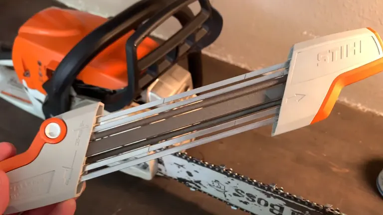 STIHL 2 in 1 Chainsaw Chain Sharpener in use on a chainsaw