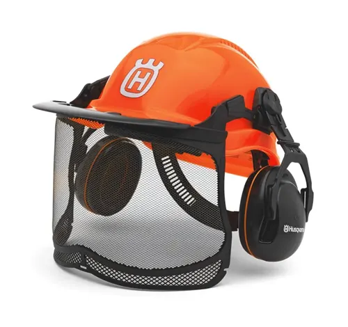 Orange safety helmet with mesh face shield and ear protection