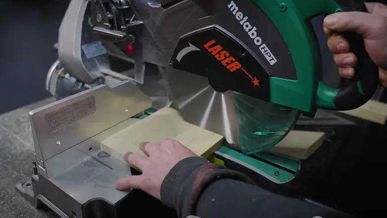 Metabo HPT C12RSH2S 12” Dual-Bevel Sliding Compound Miter Saw with Laser Marker in use on a workbench