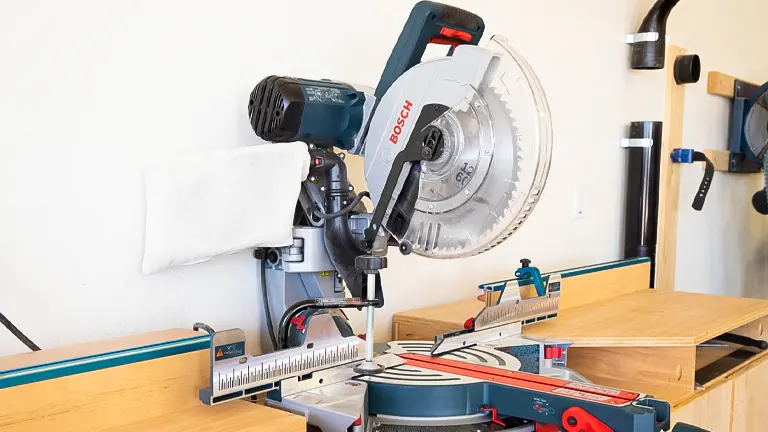 Bosch sliding miter saw on a wooden workbench in a well-equipped woodworking space