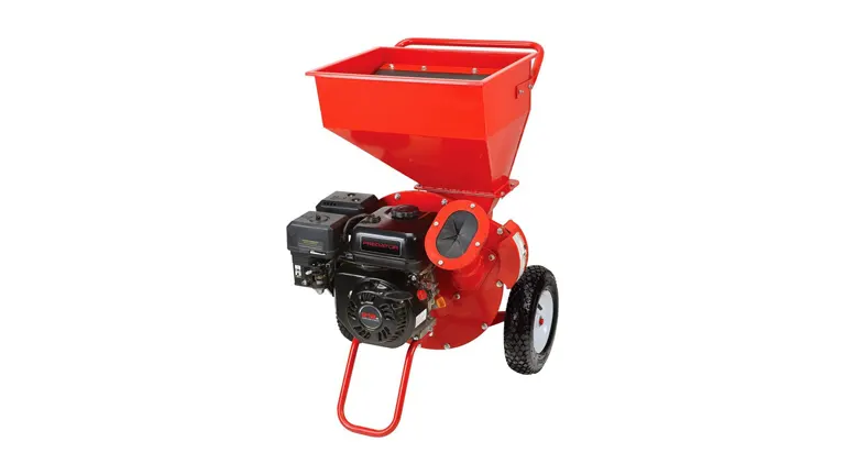 Red and black Predator 6.5 HP chipper shredder with a large hopper and wheels