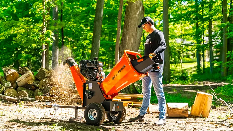Person operating a bright orange wood chipper in a lush