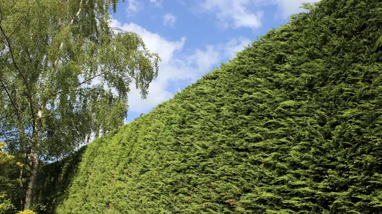 A lush green Leyland Cypress hedge under a clear blue sky