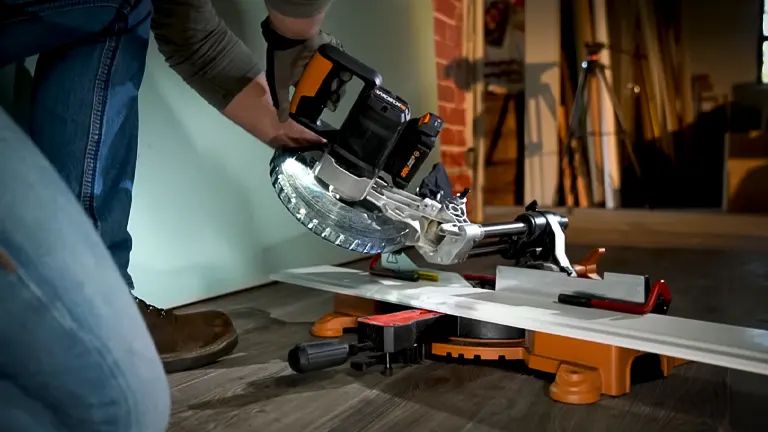 WORX WX845L Miter Saw in use at construction site