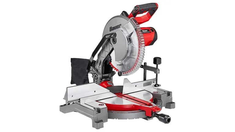 Red and silver dual bevel miter saw on white background