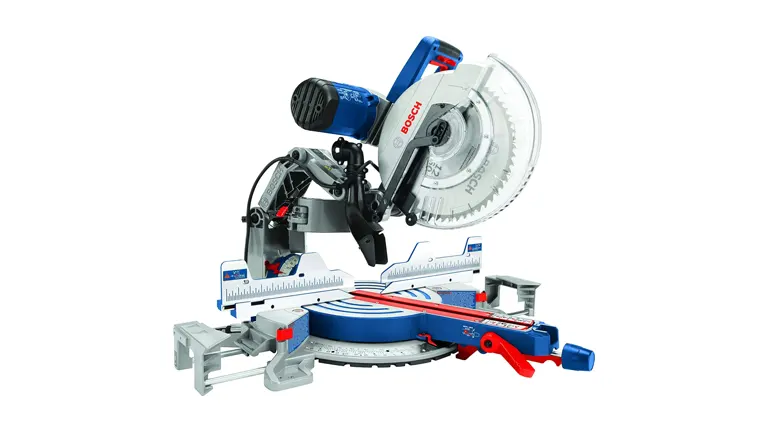 Image of bosch blue and silver miter saw on a white background