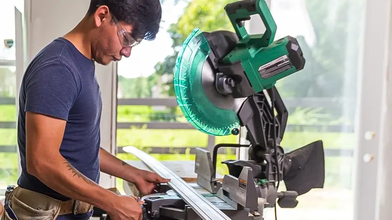 Person operating a Metabo HPT C12FDHB 12” Dual-Bevel Compound Miter Saw