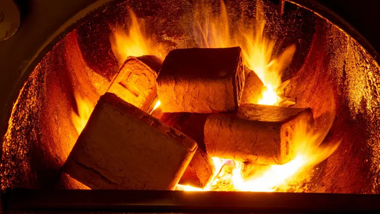 Bio Block Briquettes burning brightly in a fireplace