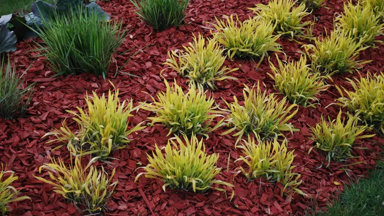 a garden bed with red decorative mulch and vibrant green plants