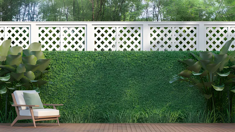 Lush green privacy hedge in a backyard with a white lattice fence and a modern outdoor chair