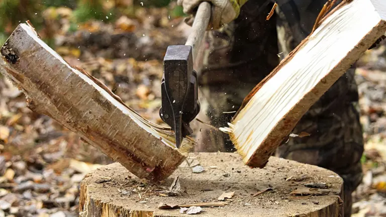 Wood splitting maul in action on tree stump